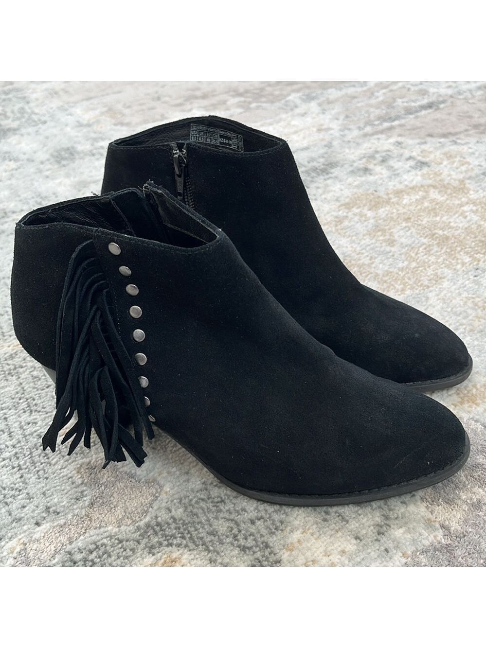 VIONIC Black Suede Upright Faros Fringe Ankle Boot Side Zip Silver Tone Studs